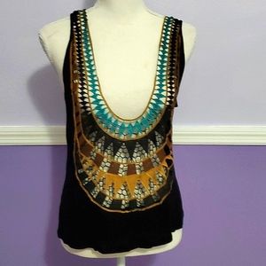 Tobi Black Colorful Boho Aztec Lace Back Beachy Summer Tank Top M
